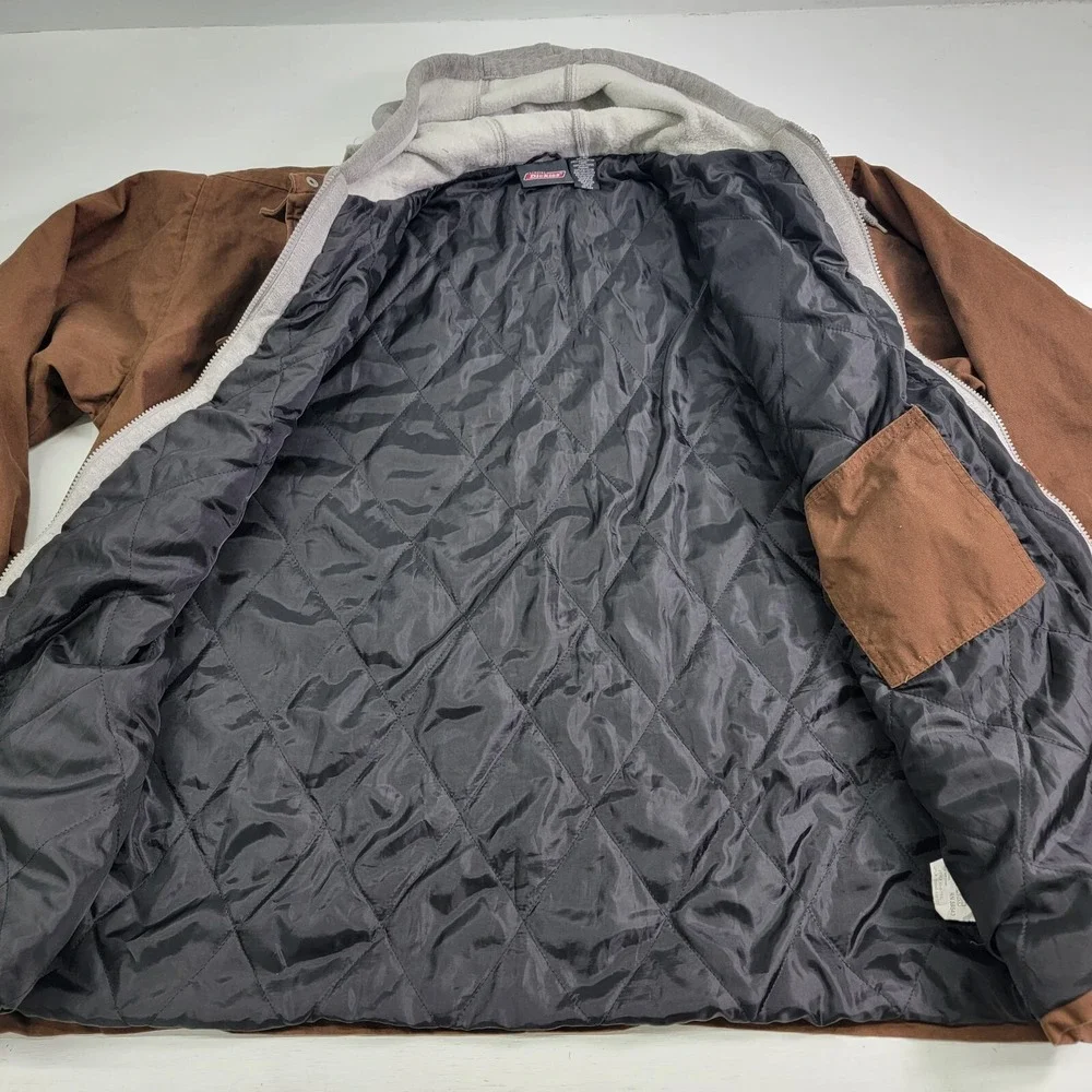 Dickies Men's Brown Quilt Lined Fleece Hooded Utility Canvas Work Jacket Size XL